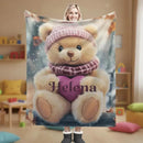 Personalized Snow Teddy Bear Blanket | Custom Name | Winter Bear Heart Fleece Throw Gift