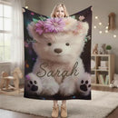 Personalized Teddy Bear Plush Blanket: Floral Crown, Soft Flannel Fleece Throw, Custom Name Gift