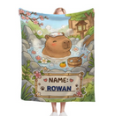 Personalized Capybara Hot Spring Blanket with Name | Kawaii Capybara in Japanese Onsen, Cherry Blossoms, Name on Bamboo Sign | Custom Gift for Capybara Lovers