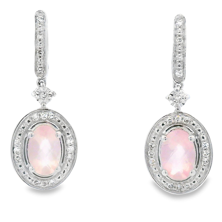 Rose Quartz Diamond Dangle Earrings 10KT White Gold