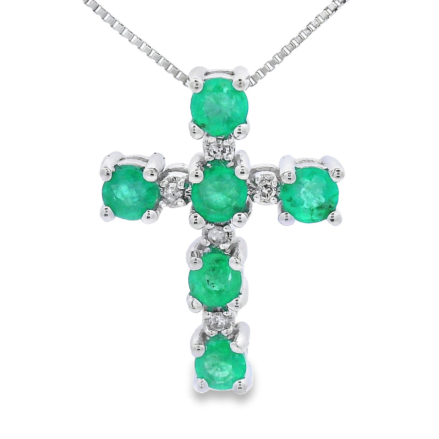 Emerald Diamond Cross Religious Pendant 10KT White Gold