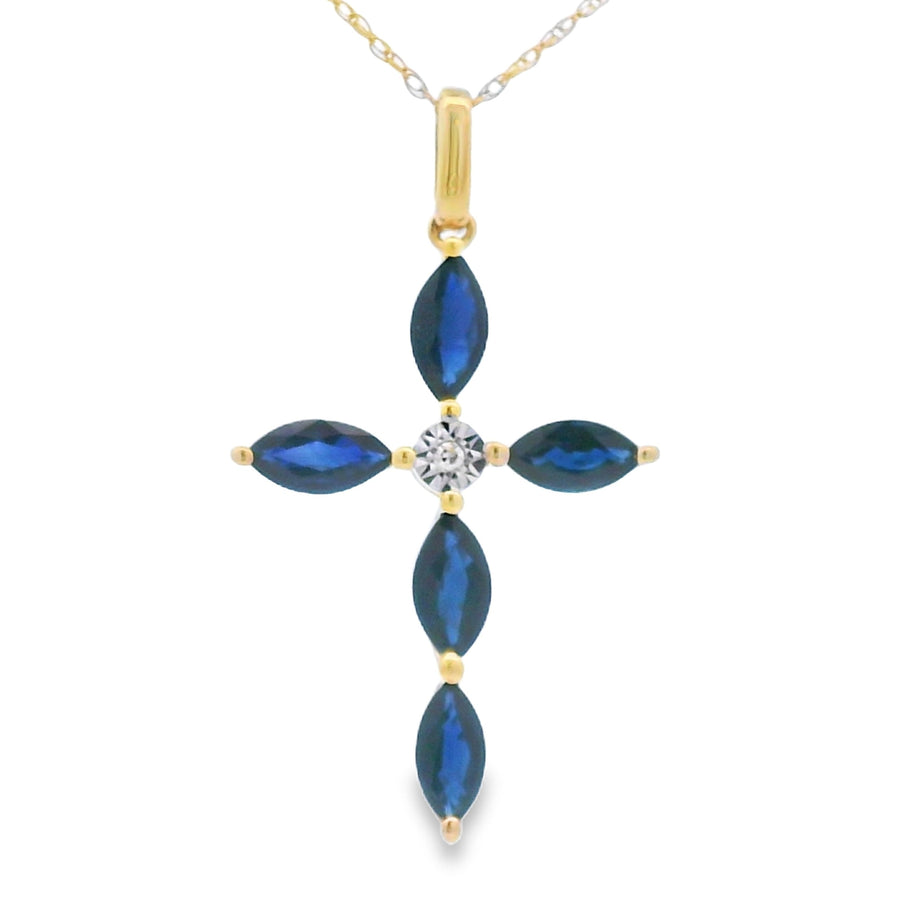 Sapphire Cross Religious Pendant 10KT Yellow Gold
