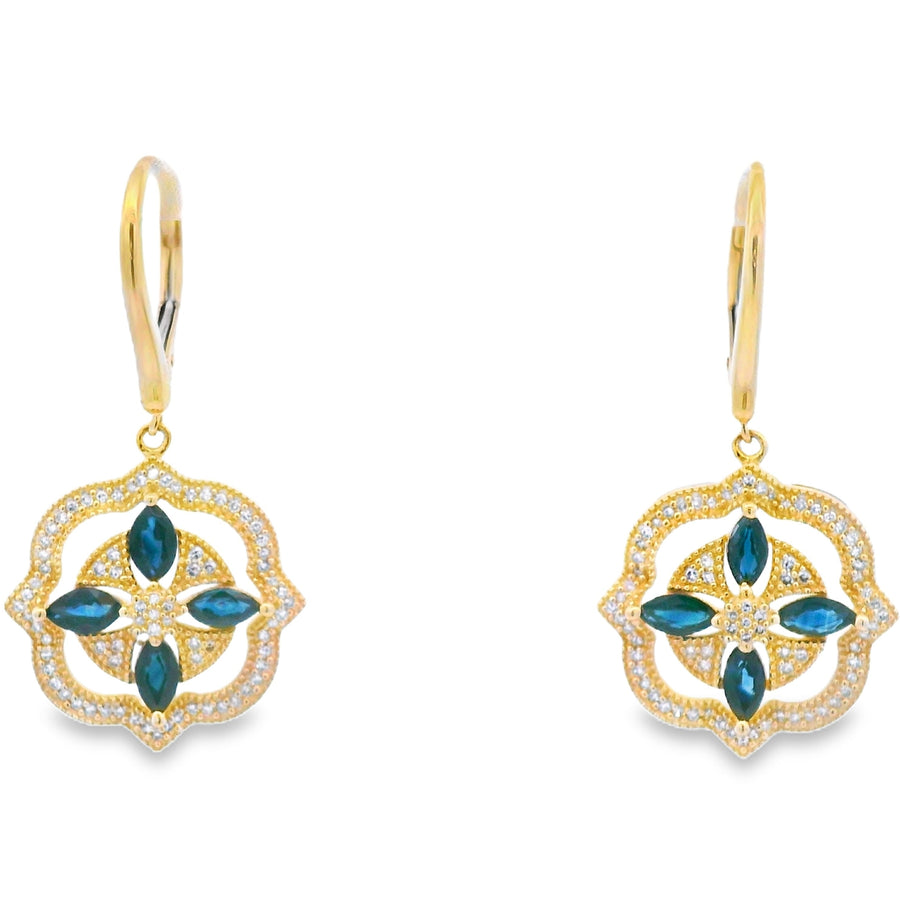 Sapphire Diamond Dangle Earrings 14KT Yellow Gold