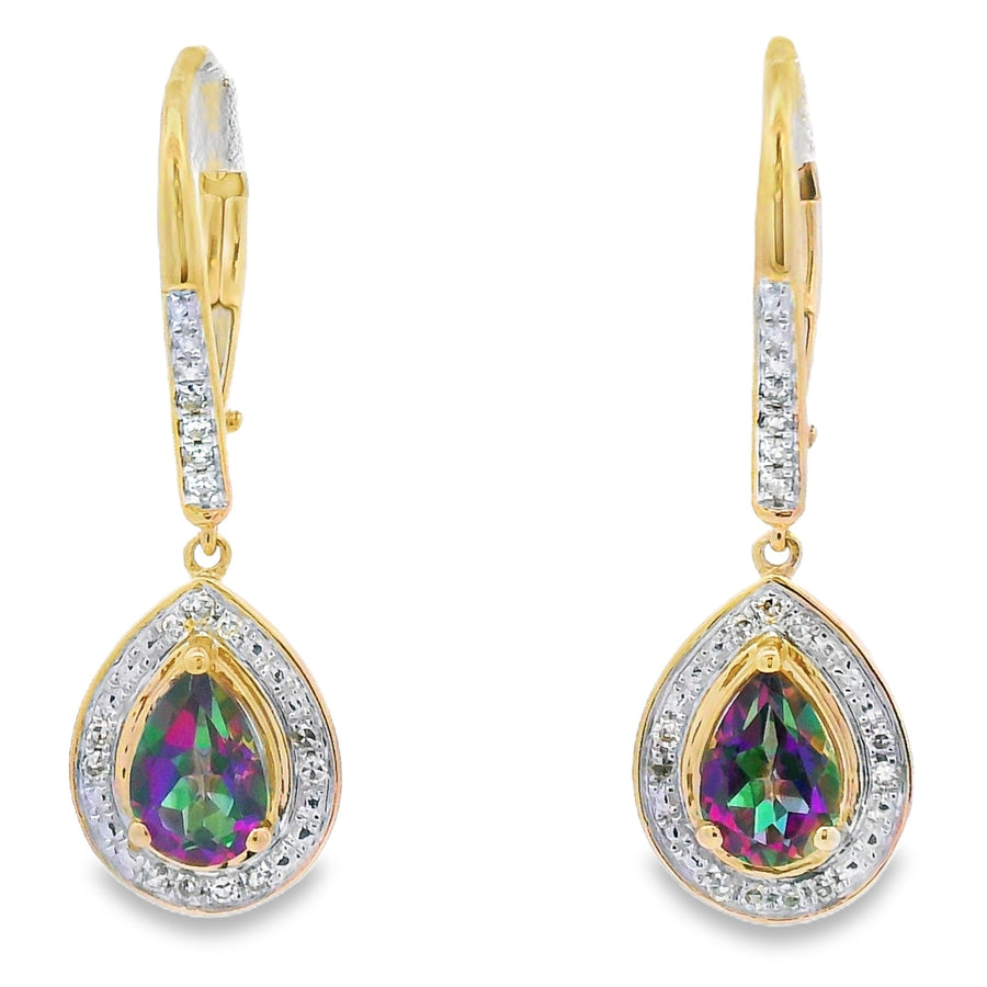 Mystic Fire Topaz Dangle Earrings 10KT Yellow Gold