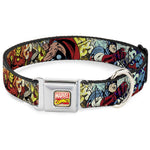 Marvel Comics Logo Full Color Seatbelt Buckle Collar - 4-Superhero Action Poses/Comic Scenes White/Black/Full Color Splatter