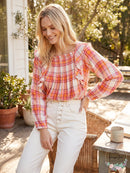 Free People Womens  Ruffled Cut Out Plaid Long Sleeve Square Neck Top, Medium