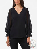 Msk Womens Black Sheer Lined Smocked Cuff Balloon Sleeve V Neck Top, Size Large