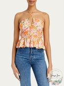 Aqua Retro Floral Halter Top, Size Medium