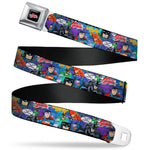 JUSTICE LEAGUE Star Logo Full Color Black Silver-Fade Red Seatbelt Belt - JUSTICE LEAGUE-IT'S TIME FOR JUSTICE 4-Superhero Pose Blocks Collage Purples/Blues Webbing