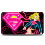 Hinged Wallet - Neon Super Shield Supergirl Pose Rings Black Pinks Yellow