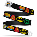 Justice League Shield Full Color Black Blue Red Yellow Seatbelt Belt - Justice League Superhero Logos CLOSE-UP Black Webbing