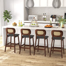 Wood Bar Chairs with PE Rattan Backrest Padded Seat and Footrest-Brown