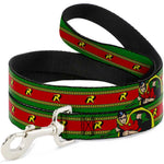 Dog Leash - Robin Action Pose/"R" Logo Stripe Green/Yellow/Red/Black