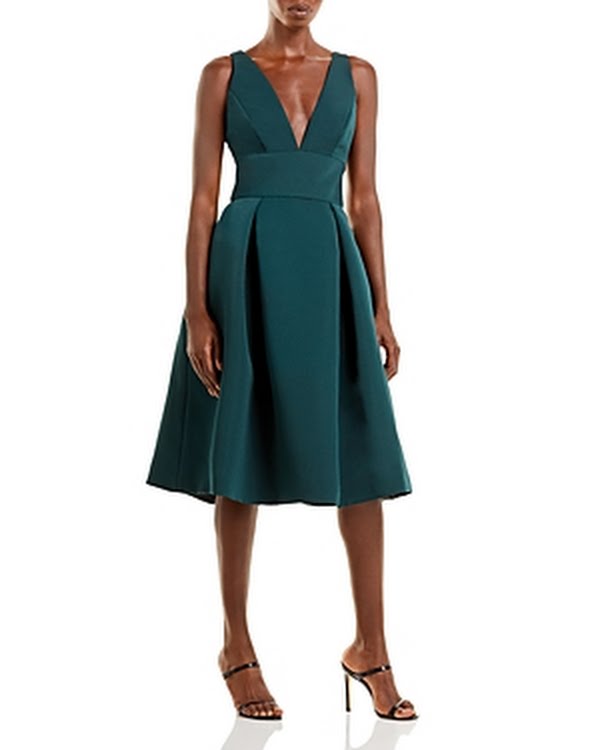 Amsale Faille V-Neck Fit-and-Flare Dress, Size 10
