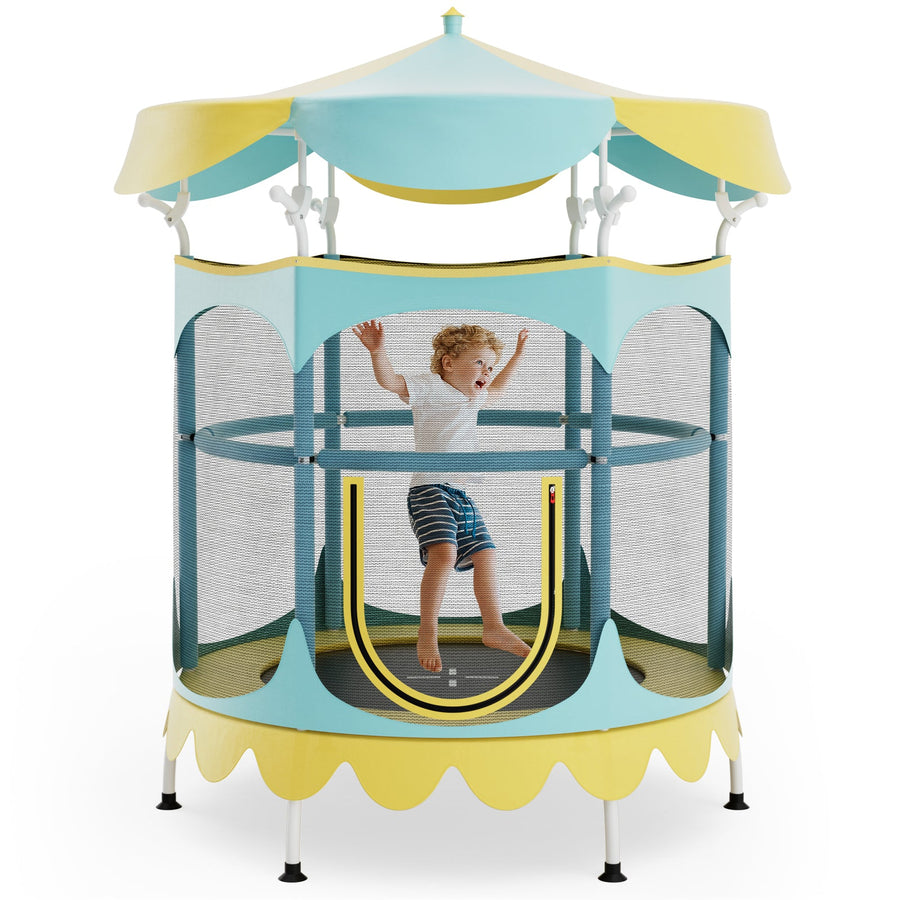 64 Inch Kids Trampoline with Detachable Canopy and Safety Enclosure Net