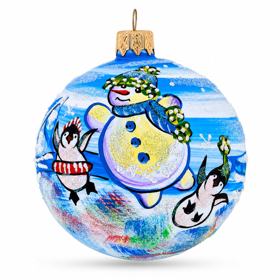 Snowman with Penguins Glass Ball Christmas Ornament 3.25 Inches