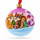 Squirrel Couple Amidst Lotus Flower Glass Ball Christmas Ornament 3.25 Inches