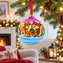 Squirrel Couple Amidst Lotus Flower Glass Ball Christmas Ornament 3.25 Inches