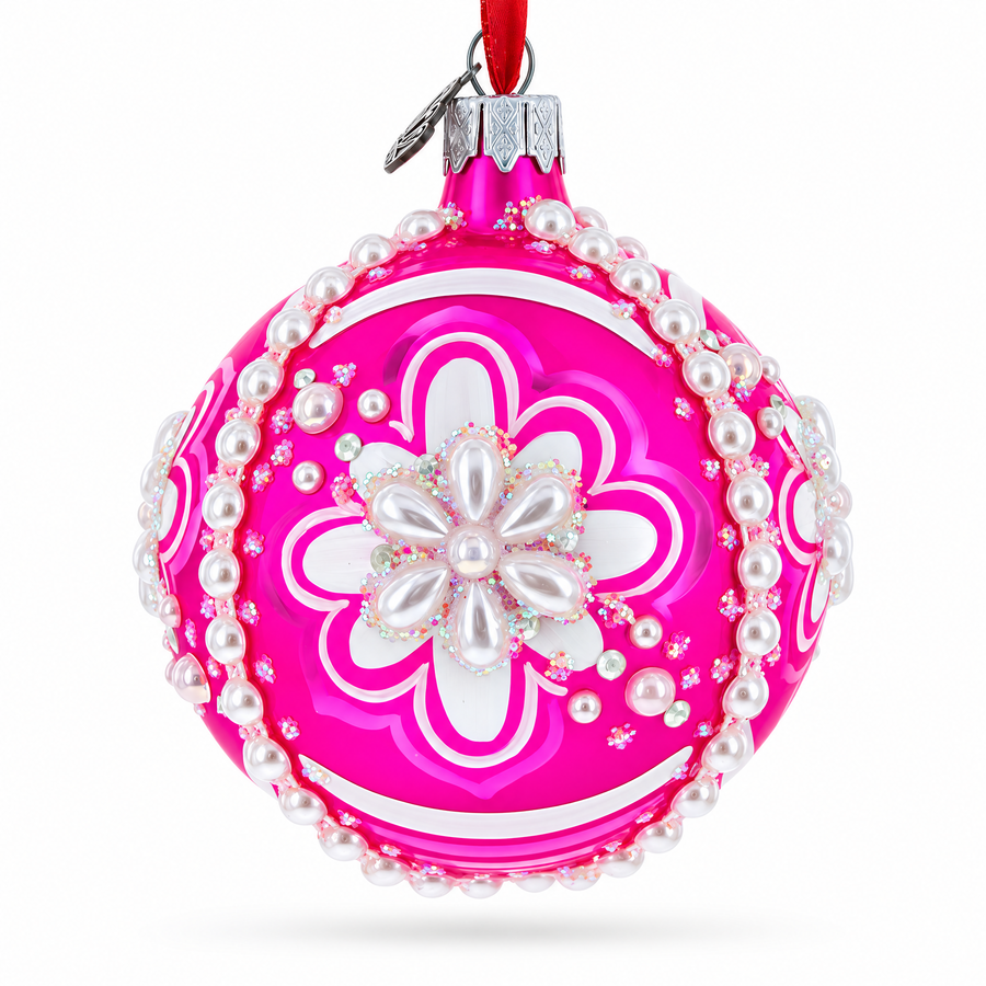 Jeweled Pearl Flowers on Pink Glass Ball Christmas Ornament 3.25 Inches