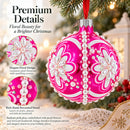 Jeweled Pearl Flowers on Pink Glass Ball Christmas Ornament 3.25 Inches