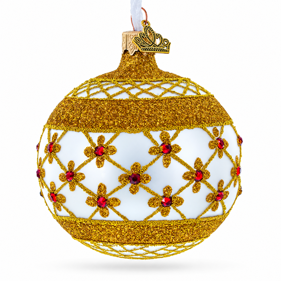 Red Jewels on Silver Glass Ball Christmas Ornament