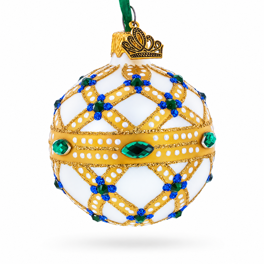 Yellow Trellis, Green Gems & Royal Blue Accents Glass Ball Christmas Ornament 2.4 Inches
