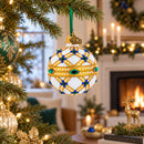 Yellow Trellis, Green Gems & Royal Blue Accents Glass Ball Christmas Ornament 2.4 Inches