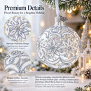 Frosted Silver Poinsettia Sparkle Glass Ball Christmas Ornament 3.25 Inches