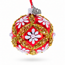 White Glitter Daisies and Pearls on Glossy Red with Gold Trim Glass Ball Christmas Ornament