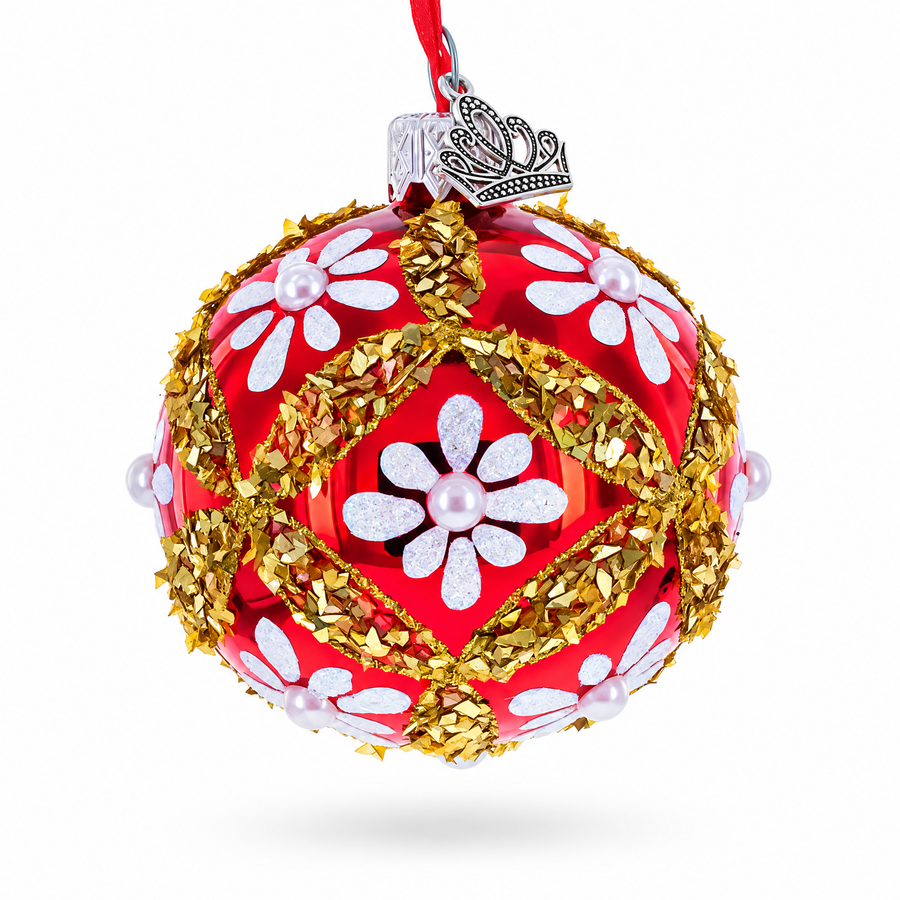 White Glitter Daisies and Pearls on Glossy Red with Gold Trim Glass Ball Christmas Ornament