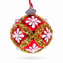 White Glitter Daisies and Pearls on Glossy Red with Gold Trim Glass Ball Christmas Ornament