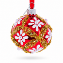 White Glitter Daisies and Pearls on Glossy Red with Gold Trim Glass Ball Christmas Ornament