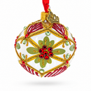 Gold Floral Design with Red Jewel Accents Glass Ball Christmas Ornament