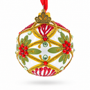Gold Floral Design with Red Jewel Accents Glass Ball Christmas Ornament