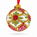 Gold Floral Design with Red Jewel Accents Glass Ball Christmas Ornament