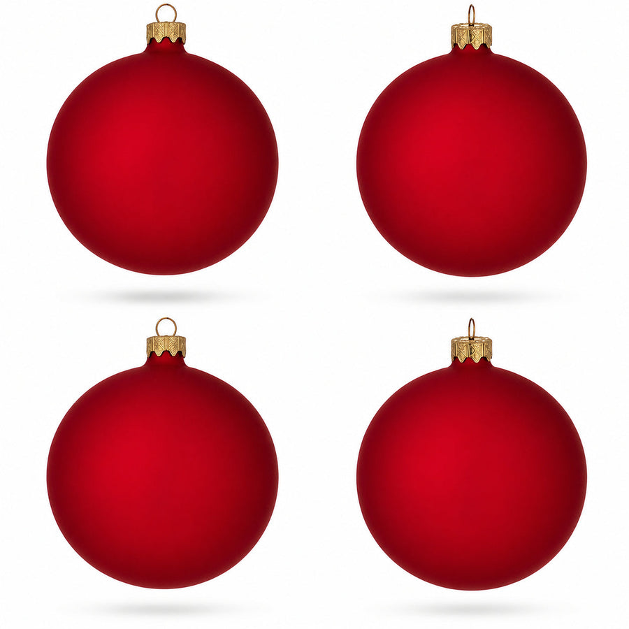 Set of 4 Red Matte Glass Ball Christmas Ornaments 4 Inches (013)