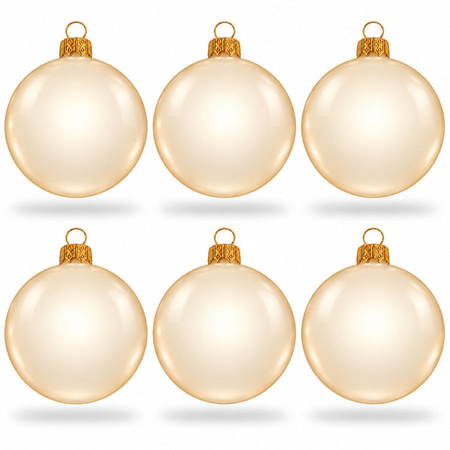 Set of 6 Translucent Glossy Ivory Glass Ball Christmas Ornaments 2. (027)