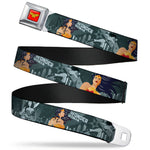 Wonder Woman Logo Full Color Red Seatbelt Belt - WONDER WOMAN 4-Poses Skyline & Stars Blues Webbing