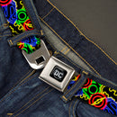 DC Round Logo Black/Silver Seatbelt Belt - Justice League Electric Logos Stacked Black/Multi Neon Webbing