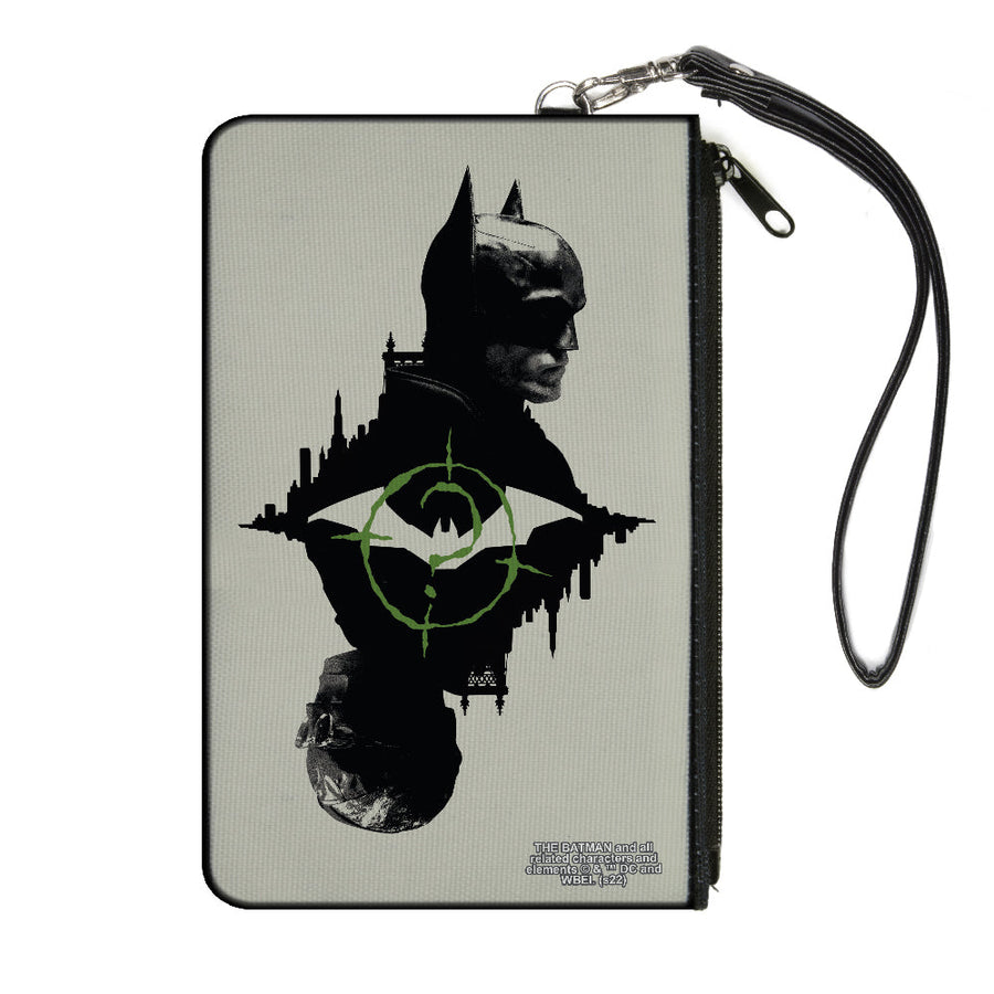 Canvas Zipper Wallet - LARGE - The Batman Movie Batman and Riddler Poses and Logos Cityscape Grays Black Green