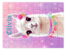 Personalized Llama Wooden Puzzle with Name | Kawaii Fluffy Llama, Floral Crown, Rainbow Scarf, Pink Purple Sparkle Background | 60 Pieces | Gift for Girls