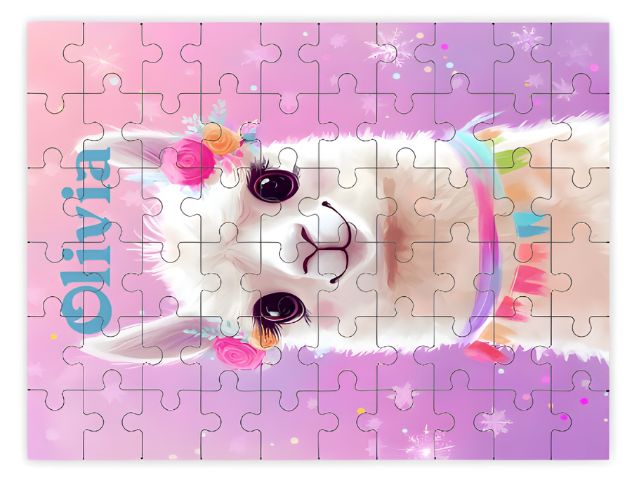 Personalized Llama Wooden Puzzle with Name | Kawaii Fluffy Llama, Floral Crown, Rainbow Scarf, Pink Purple Sparkle Background | 60 Pieces | Gift for Girls