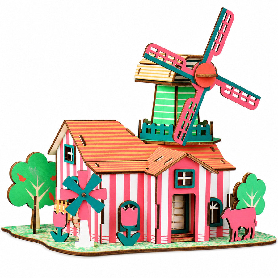 Windmill Model Kit - Wooden Laser-Cut 3D Puzzle (82 Pcs)
