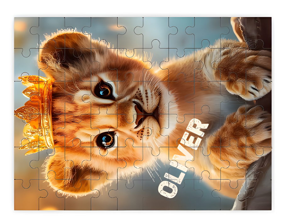 Personalized Lion Cub Wooden Puzzle with Name | Photorealistic Baby Lion, Gold Crown | 60 Pieces | Gift for Boys