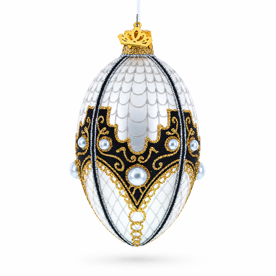 Mother Of Pearl on Gold Filigree Glass Egg Christmas Ornament 4 Inches