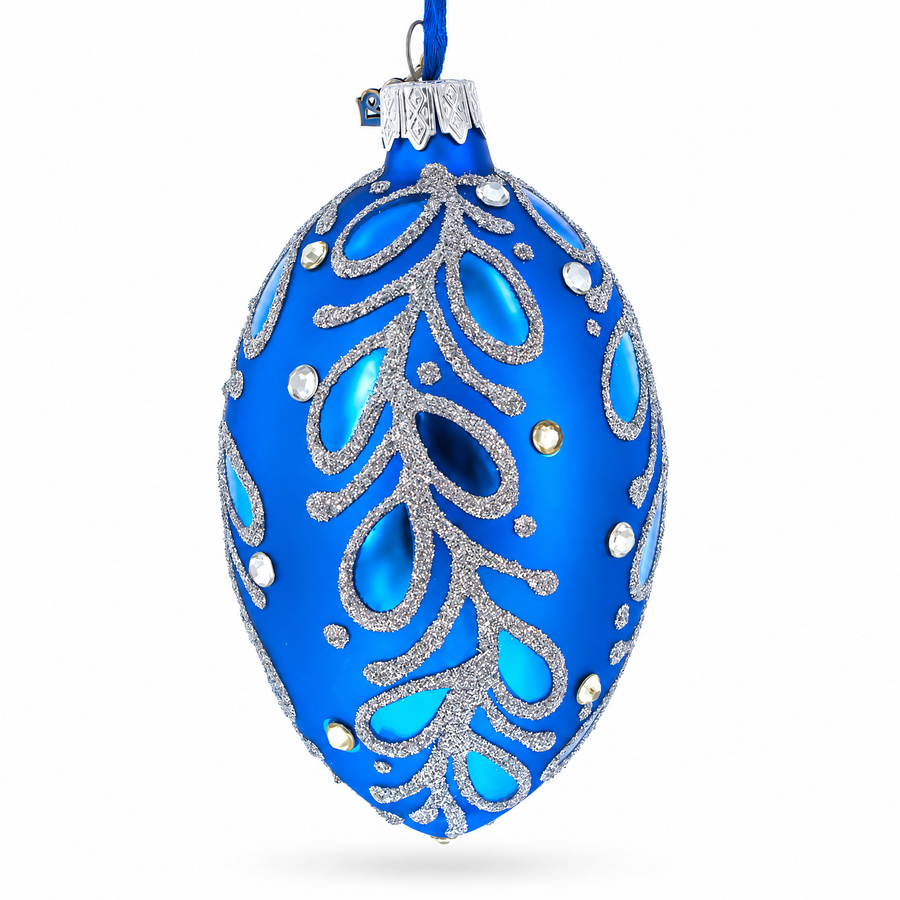 Blue Paisley Glass Egg Christmas Ornament 4 Inches
