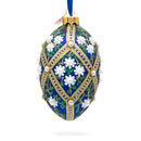 White Pearl Flowers on Blue Glass Egg Ornament 4 Inches