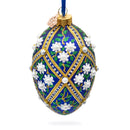 White Pearl Flowers on Blue Glass Egg Ornament 4 Inches