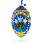 Blue Flowers with Pearls and Glitter Glass Egg Ornament 4 Inches