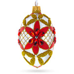 Red Jeweled Stars on White Glass Egg Ornament 4 Inches